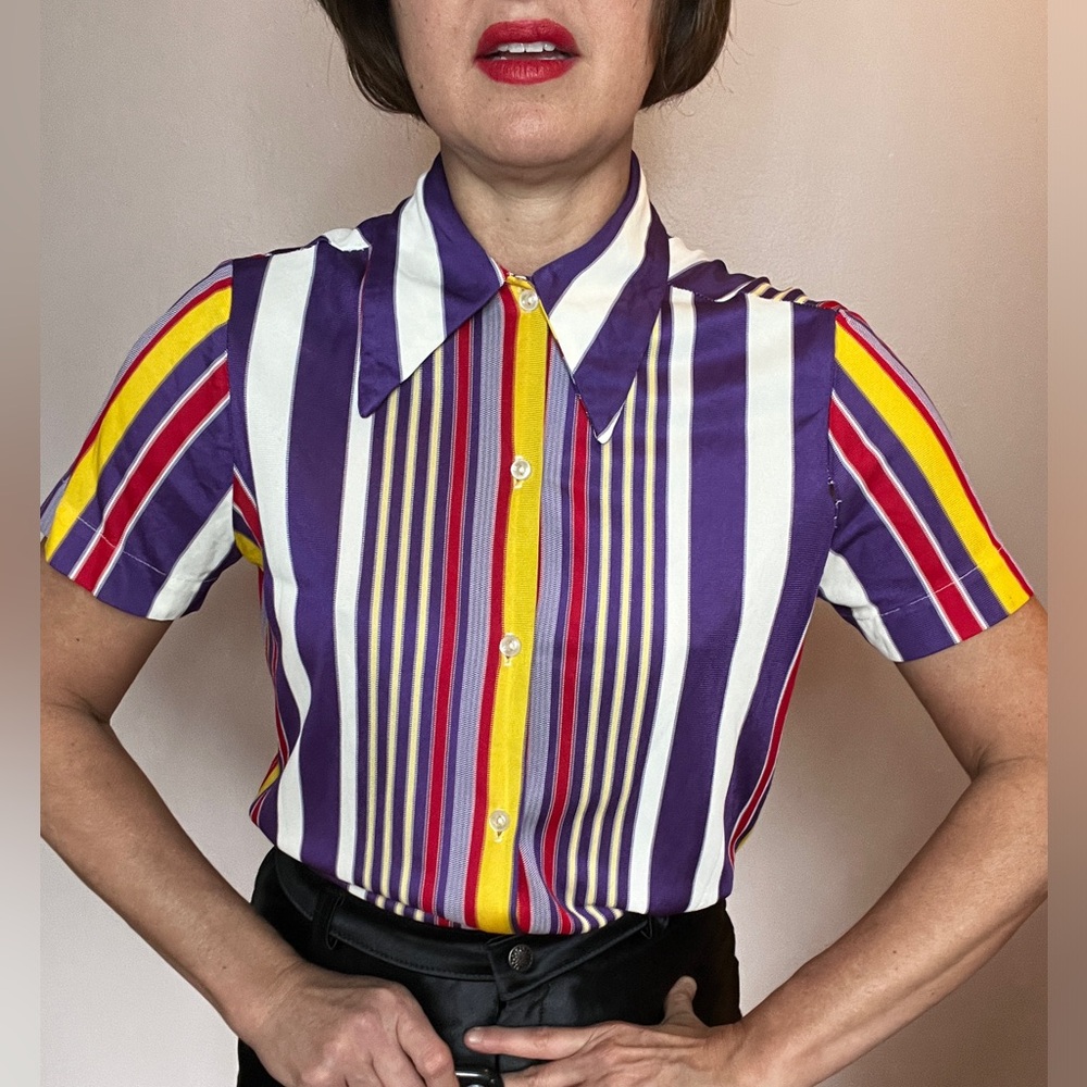 70s short sleeve striped button up with dagger collar. Sz small